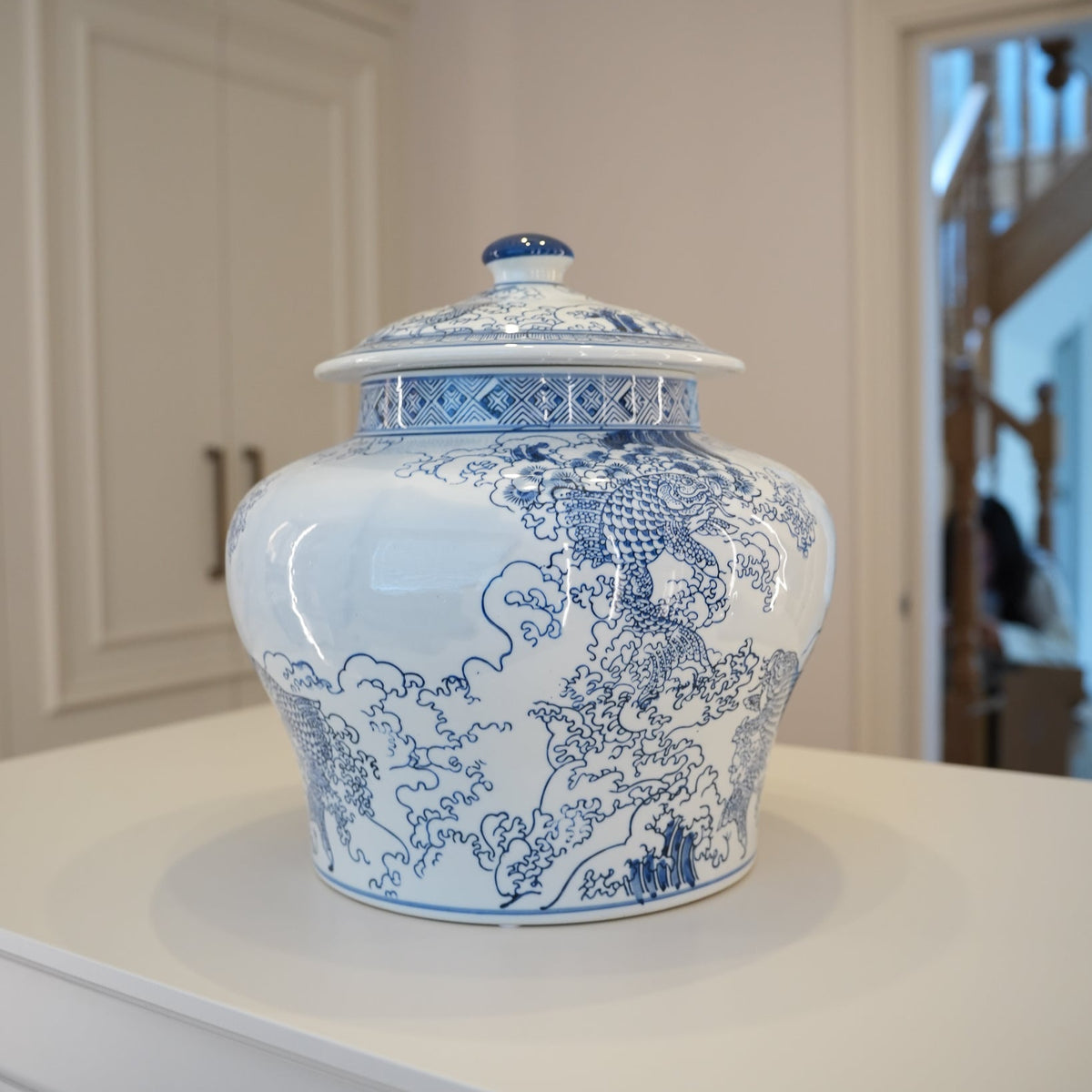 Chinese Carp lidded ceramic jar, styled at home — FREDA Home