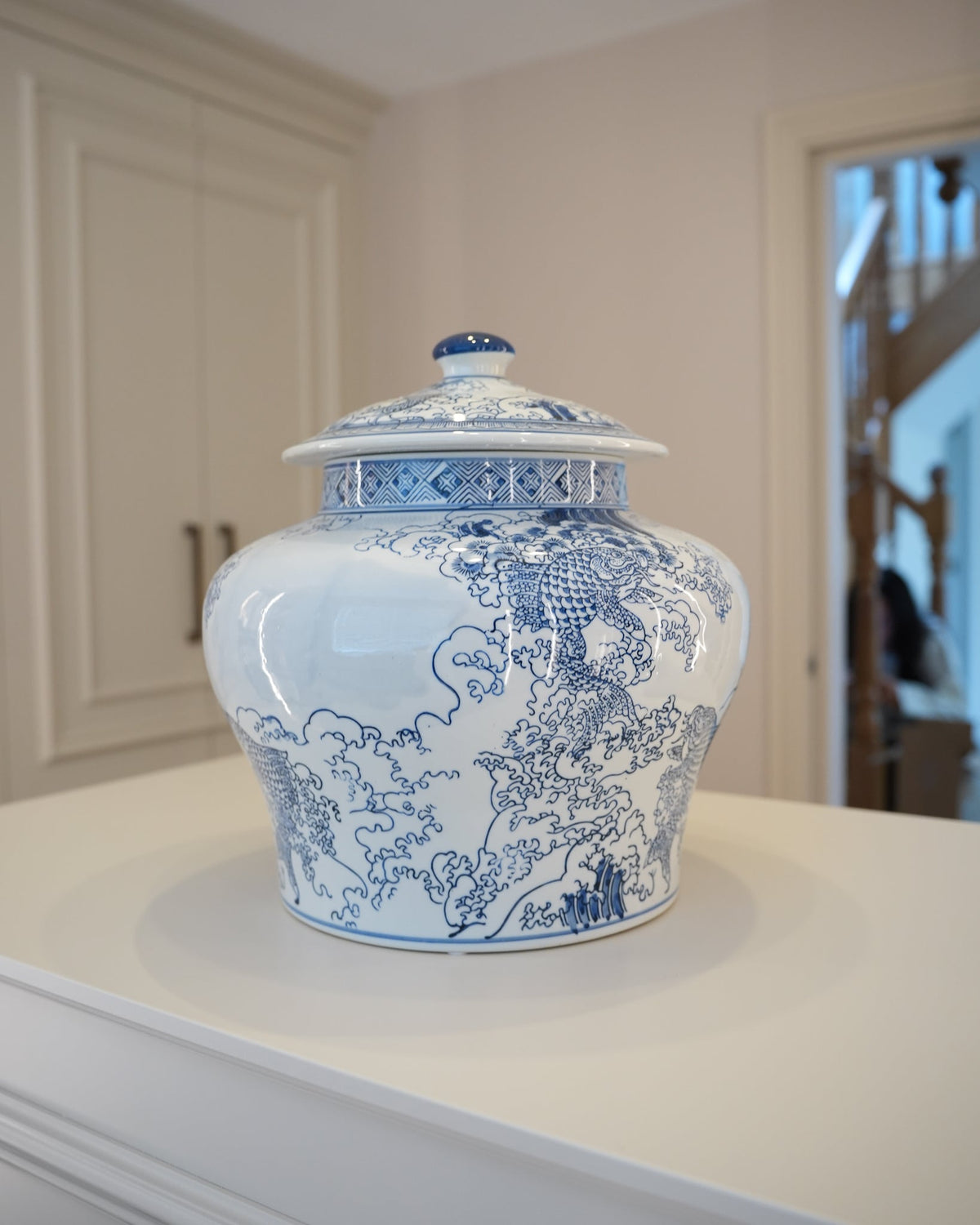 Chinese Carp lidded ceramic jar, styled at home — FREDA Home
