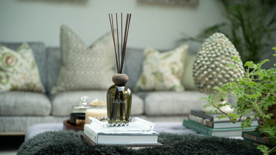 A dark glass reed diffuser on a stack of books in front of a grey sofa